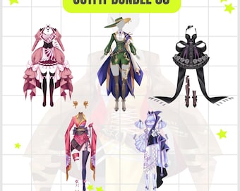 Puede incluir: Imagen que muestra cinco conjuntos de atuendos únicos. Cada conjunto presenta un diseño distintivo, que incluye un vestido rosa y blanco, un conjunto verde y azul, un atuendo negro y morado, un atuendo estilo kimono rosa y rojo y un diseño blanco y morado. Se muestra el texto "OUTFIT BUNDLE 06".