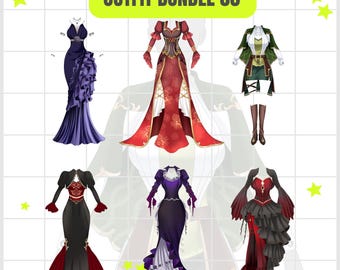 Puede incluir: Imagen que muestra seis diseños de atuendos de fantasía diferentes. Los atuendos incluyen varios vestidos y conjuntos en colores como morado, rojo, negro y verde. El texto "OUTFIT BUNDLE 03" está en la parte superior, con "OUTFIT BUNDLE P2U" en la parte inferior.