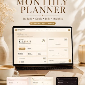 May include: A laptop displaying a digital monthly planner interface with sections for budget, goals, bills, and insights. The screen shows financial data including a health score and spending categories. Three colour themes are shown: rose gold, champagne, and midnight.