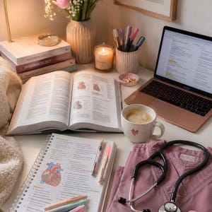 May include: A study desk setup featuring a laptop, an open medical textbook with heart illustrations, a spiral notebook with handwritten notes, a black stethoscope, pink scrubs, a mug with a heart, a lamp, and a vase of pink tulips.