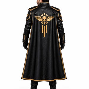 May include: A long black coat with gold trim and structured shoulders. The back features a large gold graphic of a skull with wings and vertical bars. The coat has a high collar, long sleeves, and a flared hem, worn with black gloves and boots.