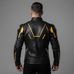 May include: A black leather jacket featuring yellow geometric accents on the shoulders, back, and sleeves. The jacket includes molded shoulder padding with a small skull emblem on each side, a structured collar, and a fitted design with paneling.