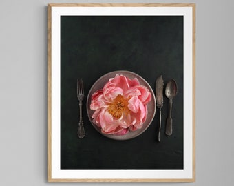 dark kitchen art, flower art print, dark floral art, peony wall decor, romantic flower art, dining room art, dark romantic decor, girls room