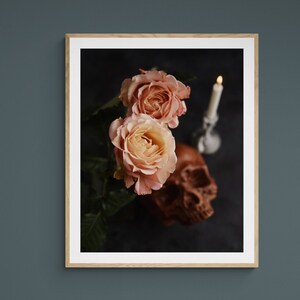 May include: A framed print showing two peach roses, a brown skull, and a lit candle against a dark backdrop. The artwork has a gothic or romantic theme. The frame is a light wood colour.
