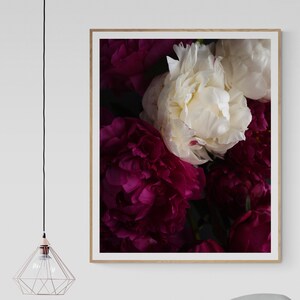 May include: A framed print of a bouquet of white and magenta peonies. The print is hanging on a white wall above a grey armchair with a white and grey striped cushion. A gold metal coffee table with a wire basket sits in front of the chair.