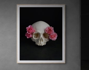 gothic skull decor, skull and roses print, romantic gothic decor, dark home decor, floral goth art, spooky decor, skull wall art,creepy home