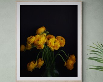 abstract yellow art, flower photograph, yellow floral print, art for bedroom, dark floral art, botanical art print, moody floral art,