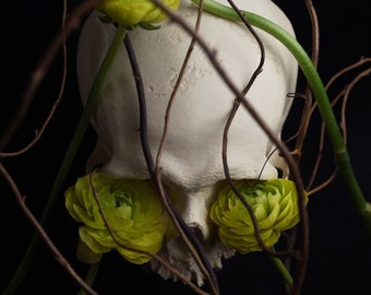 skull and flower photo, dark floral art, skull wall art, gothic wall art, green floral art, dark romantic art, botanical wall art,