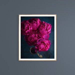 May include: A bouquet of vibrant magenta peonies arranged in a vase, captured from a high angle, against a dark teal background.