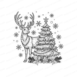 May include: Black and white illustration of a reindeer standing next to a decorated Christmas tree. The tree is adorned with ornaments and a star, surrounded by snowflakes. Holly and pine boughs are at the base.