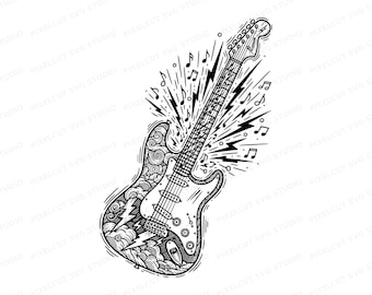 Fender Stratocaster Linocut SVG | Lightning Bolt Electric Guitar Art (Digital Download)