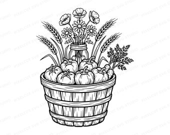 Farmhouse Harvest Basket SVG, Linocut Heirloom Vegetables Clipart (Digital Download)