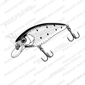May include: Black and white fishing lure illustration. The lure features a detailed design with a curved body, a small diving lip, and two treble hooks. The design includes a series of dots and cross-hatching.