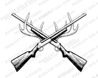 Hunting Rifle Antlers SVG & PNG – Realistic Hunter Emblem, Outdoor Clipart