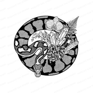 Archivo de corte SVG PNG de serpiente pitón bola / Estilo linograbado con cristales y helechos / Diseño para grabado láser
