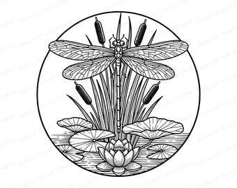 Damselfly Lotus Linocut SVG | Botanical Insect Art (Digital Download)