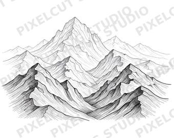 Mountains Line Art Illustration, Layered Landscape SVG PNG (Digital Download)