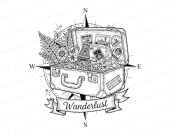 Vintage Suitcase SVG | Passport Stamps, Compass Rose, Linocut Style (Digital Download)