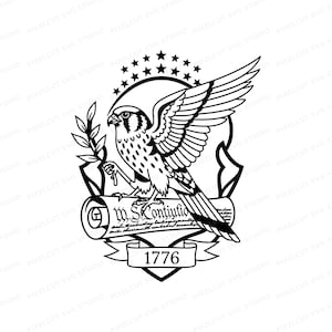 May include: Black and white illustration of a falcon perched on a scroll with the text "m.S.Contiufio" and the year "1776". The falcon holds a branch and is surrounded by stars.