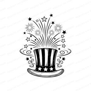 May include: Black and white illustration of a top hat with vertical stripes and stars, with fireworks bursting from the top. The hat has a brim with stars and is surrounded by decorative swirls.