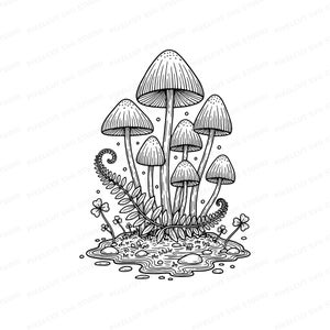 May include: A black and white line art illustration featuring a cluster of seven mushrooms of varying heights, accompanied by a curled fern frond and small clover-like plants, all growing from a patch of earth with scattered pebbles and dots.