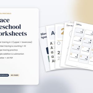 Op de afbeelding: Een set werkbladen voor kleuters met een ruimtethema, inclusief letter- en cijferoefeningen, vormen en eenvoudige optelsommen. De voorpagina toont de titel Space Preschool Worksheets en vermeldt 40+ pagina's in US Letter en A4 PDF-formaat.
