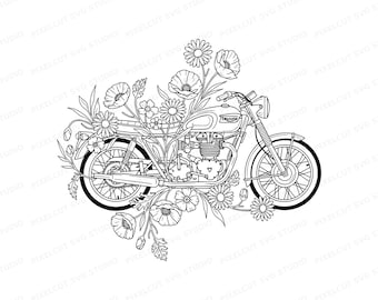 Triumph Bonneville Motorcycle Wildflower SVG PNG | Vintage Bike Floral Line Art (Digital Download)