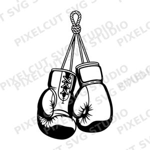 Puede incluir: Ilustración en blanco y negro de un par de guantes de boxeo colgando de una cuerda. Los guantes están detallados con cordones y acolchado, sobre un fondo blanco. Imagen vectorial.