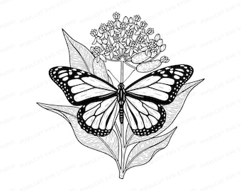 Monarch Butterfly SVG PNG Cut File, Linocut Milkweed Floral Design for Laser Engraving, T-Shirt