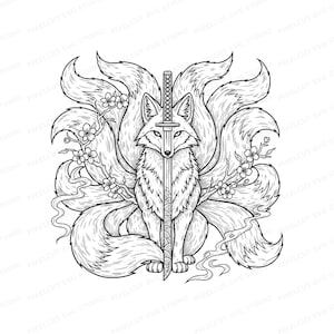 Può includere: Illustrazione in bianco e nero di una volpe a nove code che tiene una spada. Rami di fiori di ciliegio incorniciano la volpe, con nastri che scorrono in basso. La volpe è centrata, con le sue code spiegate dietro di sé.