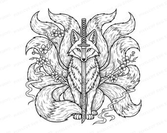 Nine Tailed Kitsune Fox SVG | Samurai Katana Spirit Art (Digital Download)