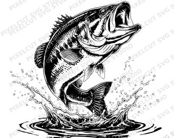 Fishing Bass Jumping SVG & PNG – Realistic Fish Illustration, Outdoor Clipart