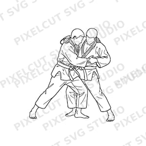 Può includere: Illustrazione in bianco e nero di due persone in uniforme da judo durante un'azione. Una persona ha il braccio attorno alla spalla dell'altra, suggerendo una tecnica di judo.