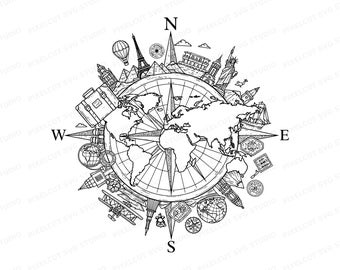 World Map Compass SVG | Linocut Travel Illustration, Engraving Design (Digital Download)