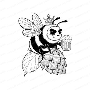 May include: Black and white illustration of a bee wearing a crown and holding a beer stein. The bee is perched on a hop flower. The image is a vector graphic.