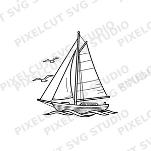 May include: Black and white line art illustration of a sailboat with two seagulls in flight. The sailboat has a tall mast, sails, and is depicted on wavy lines representing water. The image is a nautical theme.