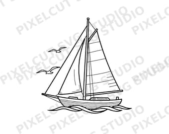 Sailboat Vintage Line Art SVG PNG | Sailing Ship Silhouette for Laser Engraving