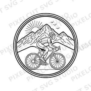 May include: A monochrome illustration of a cyclist on a road bike, set against a backdrop of mountains and a sun. The design is framed within a circle, with the text "PIXELCUT SVG STUDIO".