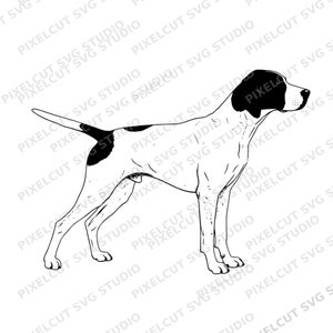 May include: A black and white line drawing of a dog, likely a Pointer breed, in a side profile. The dog has a black head and a black spot on its back. The image is a vector graphic, suitable for various design applications.