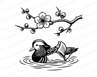 Plum Blossom & Mandarin Duck SVG PNG Cut File, Linocut Floral Bird Art