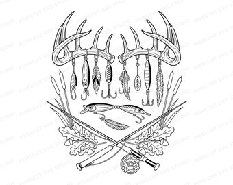 Whitetail Buck Vintage Fishing Lures SVG PNG Cut File Deer Antler Tattoo Flash
