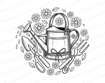 Watering Can Linocut Clipart, Rustic Floral Gardening Tools (SVG PNG)