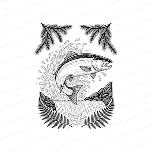 Può includere: Illustrazione in bianco e nero di un salmone che salta su una cascata. Il pesce salta fuori dall'acqua, con l'acqua che schizza intorno. Felci e rami di pino incorniciano l'immagine.