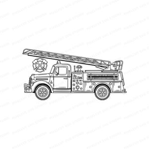Pode incluir: Uma ilustração de arte linear em preto e branco de um caminhão de bombeiros vintage de perfil. O veículo apresenta uma longa escada extensível no topo, um emblema de bombeiros na lateral, compartimentos e rodas detalhadas.