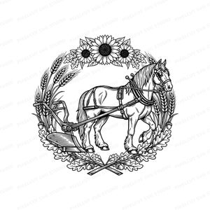 May include: Black and white illustration of a horse pulling a plow, surrounded by wheat, sunflowers, and oak leaves. The horse is wearing a harness and is the central focus of the design. The image has a vintage, rustic feel.