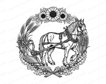 Belgian Draft Horse Plow SVG | Linocut Farm Animal Wreath (Digital Download)