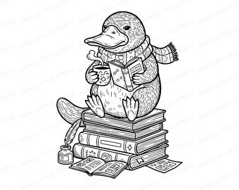 Bookish Platypus Reading SVG PNG Cut File | Vintage Woodblock Animal Design