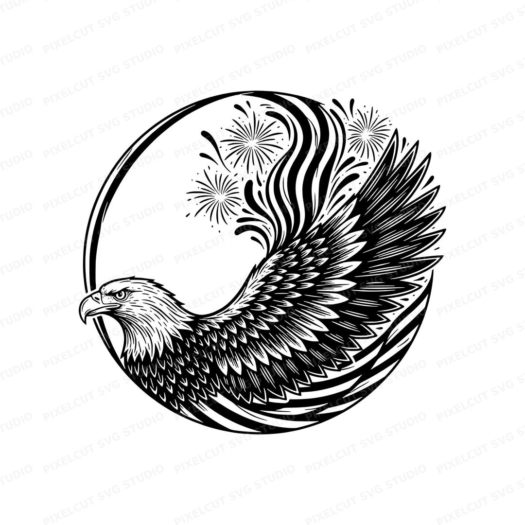 Bald Eagle SVG PNG Cut File | American Flag Fireworks Linocut Style ...