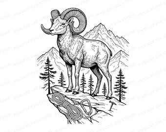 Bighorn Ram Mountaineer SVG PNG Cut File, Linocut Wildlife Clipart, Laser Engraving Design