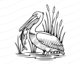 Pelican Bird SVG PNG Cut File Vintage Woodblock Tattoo Flash Design